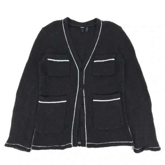 THEORY Contrast-Trim Knit Alpaca Ultra Soft Charcoal Grey Cardigan Sweater Large - Picture 2 of 5